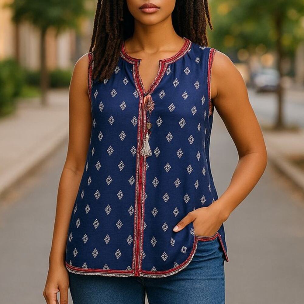 Lucky Brand Red & White Embroidered Red Beads Accent Sleeveless Top Size SM
